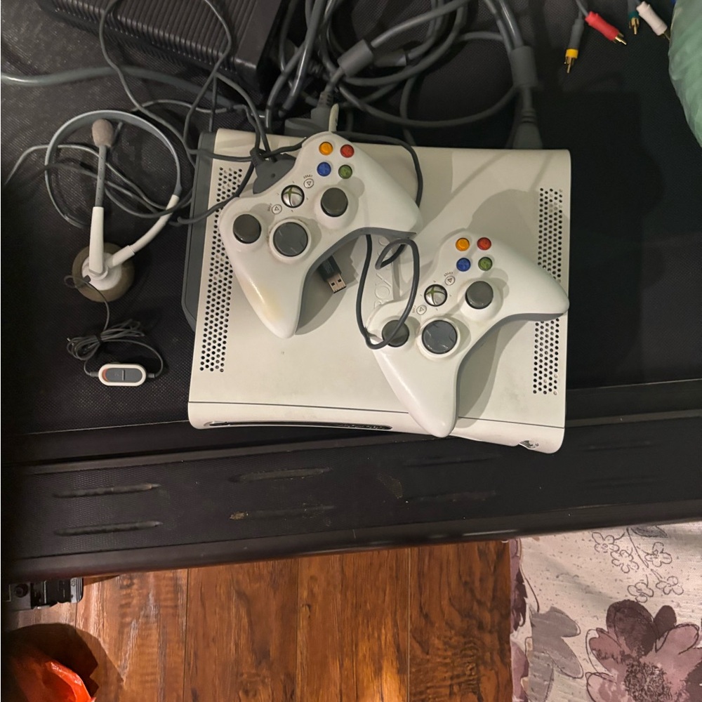 Xbox 360 Console with White Controllers and headset